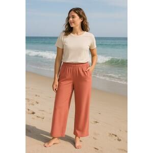 Hilary Radley Coral Pink Wide Leg Pants Women’s M Elastic Waist 29” Inseam